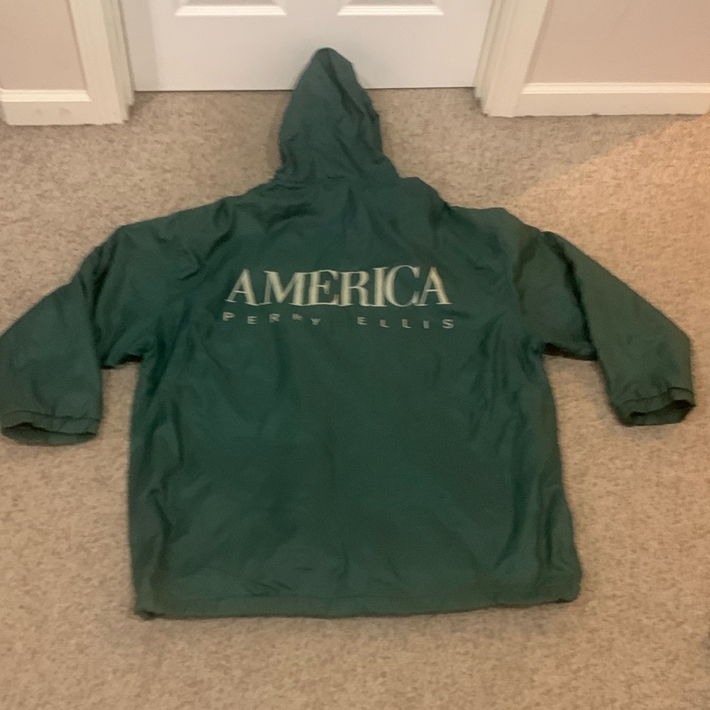 Vtg Perry Ellis America green spelled out nylon hooded jacket sz XL
